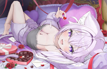 Rule 34 | 1girl, :d, ahoge, animal ear fluff, animal ears, barefoot, breasts, camisole, cat ears, cat girl, cat tail, chocolate, chocolate on body, chocolate on breasts, cleavage, commentary request, crossed bangs, flower, food, food on body, grey camisole, hair between eyes, highres, holding, holding chocolate, holding food, hololive, jacket, looking at viewer, lying, nekomata okayu, nekomata okayu (membership), official alternate costume, official alternate hairstyle, on back, open mouth, purple eyes, purple hair, purple jacket, purple shorts, red flower, red rose, rose, short hair, short shorts, shorts, smile, soles, solo, tail, torakichi 888, two side up, virtual youtuber