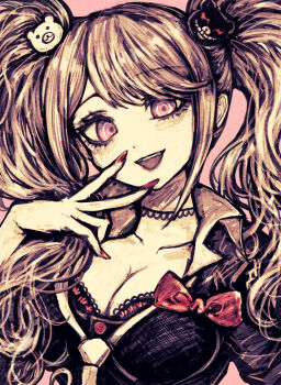 1girl :d black_shirt blonde_hair bow bra bra_peek breasts cleavage collarbone commentary_request danganronpa:_trigger_happy_havoc danganronpa_(series) enoshima_junko hair_ornament highres long_hair looking_at_viewer necktie open_mouth red_bow red_nails shirt smile solo tsukihi_shida twintails underwear upper_body white_necktie