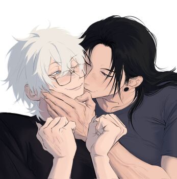 2boys 9enesiass black_hair blue_eyes closed_mouth fingernails getou_suguru glasses gojou_satoru highres jujutsu_kaisen long_hair male_focus multiple_boys one_eye_closed rectangular_eyewear sharp_fingernails short_hair simple_background upper_body white_background white_hair yaoi