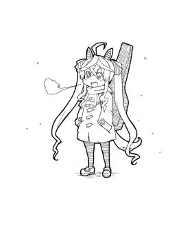 1girl @_@ ahoge animal_ears bow coat commentary_request crossed_bangs full_body guitar_case hair_bow hands_in_pockets hatching_(texture) horse_ears horse_girl horse_tail instrument_case koopo linear_hatching long_hair long_sleeves mary_janes monochrome open_mouth puff_of_air scarf sharp_teeth shoes sidelocks simple_background solo tail teeth twin_turbo_(umamusume) twintails umamusume upper_teeth_only very_long_hair white_background