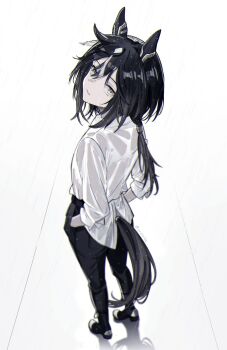 1girl animal_ears from_behind full_body greyscale hands_in_pockets highres horse_ears horse_girl horse_tail looking_at_viewer looking_back monochrome solo stay_gold_(umamusume) tail umamusume urururike white_background