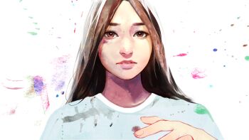 1girl aegyo_sal angela_he backlighting brown_eyes brown_hair hand_up highres i_woke_up_next_to_you_again long_hair non-web_source official_art paint_splatter parted_lips reaching reaching_towards_viewer shirt solo straight-on t-shirt upper_body variant_set white_shirt worried