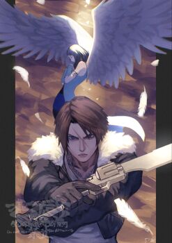 Rule 34 | 1boy, 1girl, 5tatsu, angel wings, arm ribbon, artist name, bare shoulders, black gloves, black hair, black jacket, black ribbon, black shirt, black shorts, blue cardigan, blue eyes, blue skirt, brown background, brown hair, cardigan, chain, chain necklace, closed eyes, commentary request, cropped jacket, crossed arms, detached sleeves, falling feathers, feathered wings, feathers, fighting stance, final fantasy, final fantasy viii, fur-trimmed jacket, fur trim, furrowed brow, gloves, gunblade, hands on own chest, highres, holding, holding weapon, jacket, jewelry, light frown, long hair, necklace, parted bangs, pillarboxed, ribbon, rinoa heartilly, scar, scar on face, scar on forehead, shirt, short hair, shorts, shorts under skirt, skirt, sleeveless, sleeveless shirt, squall leonhart, upper body, weapon, white feathers, white shirt, white wings, wings