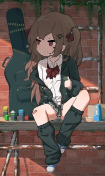 1girl bandaid bandaid_on_knee bandaid_on_leg black_cardigan black_skirt black_socks blue_shoes bow bowtie box brick_wall brown_hair cardboard_box cardigan collared_shirt commission evil_neuro-sama facial_mark facing_viewer fang flat_chest guitar_case hair_ornament hair_ribbon highres instrument_case kneehighs ladder light_blush looking_to_the_side loose_socks miniskirt neuro-sama off-shoulder_cardigan open_cardigan open_clothes outdoors panties pantyshot pleated_skirt ptitsaqaq red_bow red_bowtie red_eyes red_ribbon ribbon rust shade shirt shoes sitting skin_fang skirt skull_hair_ornament smile smirk sneakers socks solo spray_can spread_legs star_(symbol) star_facial_mark striped_clothes striped_panties thumbs_up two_side_up underwear v-shaped_eyebrows vedal_ai white_shirt