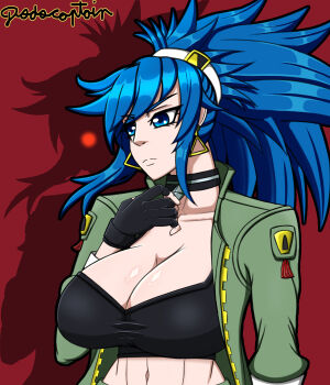 1girl blue_eyes blue_hair breasts curvy dodocaptain dodocaptainog earrings female_focus gloves huge_breasts jacket jewelry large_breasts leona_heidern long_hair long_sleeves open_clothes orochi_leona pale_skin ponytail shirt tank_top the_king_of_fighters tight_clothes tight_shirt unzipped wide_hips