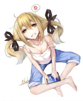 1girl anger_vein annoyed bags_under_eyes bare_shoulders barefoot black_bow blonde_hair blue_shorts bow breasts brown_eyes cleavage clenched_teeth collarbone hair_between_eyes hair_bow hair_up holding holding_tablet_pc koujiro_frau lace-trimmed_collar lace-trimmed_tank_top lace_trim loungewear multiple_hair_bows robotics;notes science_adventure shorts sidelocks small_breasts solo spoken_anger_vein strap_pull tablet_pc teeth twintails white_background yakku