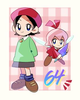 Rule 34 | 2girls, adeleine, arms behind back, beret, black hair, brown shoes, crystal, fairy, fairy wings, grey skirt, hat, highres, holding, holding crystal, kirby (series), kirby 64, looking at viewer, multiple girls, nintendo, pink hair, red hat, ribbon (kirby), shoes, skirt, smile, smock, socks, tako (katw4223), wings