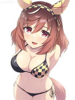 1girl alternate_costume animal_ears arms_up bikini blush braid breasts brown_hair buena_vista_(umamusume) cleavage collarbone commentary_request hair_between_eyes hair_ornament hairband halterneck highres horse_girl long_hair looking_at_viewer medium_breasts navel open_mouth pataneet purple_eyes side-tie_bikini_bottom simple_background string_bikini swimsuit umamusume