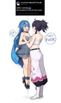 ! !? 2girls ? against_wall ahoge assertive_female back bao_the_whale bare_arms bare_shoulders belt black_belt black_hair black_shoes blue_hair blue_streaks body_blush boots bow breasts censored censored_text cherry_blossom_print chest_sarashi collarbone dasdokter dated dress dress_bow emoji english_text eye_contact female_focus female_pervert floral_print food frilled_dress frills from_side full_body glasses grey_dress hand_on_another's_arm hands_on_another's_chest hanging_legs heart heart-shaped_pupils height_difference high_heels highres huge_bow indie_virtual_youtuber jitome kson large_breasts lauren_phillips_lifting_alice_merchesi_(meme) legs lifting_person long_hair looking_at_another median_furrow medium_breasts medium_hair meme mole mole_under_eye multicolored_hair multiple_girls no_shirt open_mouth pants pants_tucked_in pervert pizza presenting profanity profile puffy_pants rectangular_eyewear sarashi screenshot_inset shadow shoes short_dress sidelocks simple_background speech_bubble spoken_exclamation_mark spoken_heart spoken_question_mark standing strapless strapless_dress streaked_hair symbol-shaped_pupils tareme twitter twitter_username very_long_hair virtual_youtuber vshojo white_background white_boots white_pants yuri