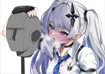 Rule 34 | 1girl, asmr, binaural microphone, black choker, black gloves, blowing in ear, blue eyes, blue hair, blue nails, blue necktie, breasts, breath, chest harness, choker, cross, cross-shaped pupils, cross hair ornament, dress shirt, dummy, earrings, gloves, grey hair, hair ornament, hand on another's head, harness, heterochromia, inverted cross, jewelry, large breasts, long hair, microphone, necktie, nemun (tamizzz), neo-porte, neumann ku 100, purple eyes, shirt, simple background, solo, symbol-shaped pupils, tentei forte, tentei forte (2nd costume), triangle earrings, twintails, upper body, virtual youtuber, white background, white shirt, wing collar