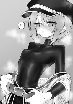 1girl ? belt black_bodysuit blush bodysuit breasts commentary covered_erect_nipples ear_blush galaxias greyscale hair_between_eyes hat highres holding holding_belt jio_holst_(galaxias) kyuusui_gakari looking_at_viewer monochrome nose_blush open_mouth removing_jacket short_hair simple_background small_breasts solo spoken_question_mark steam steaming_body sweat symbol-only_commentary undressing