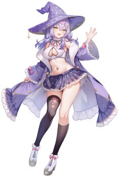 1girl bare_shoulders black_thighhighs blush bow breasts cleavage commentary_request commission full_body hair_between_eyes hand_up hat highres jacket kneehighs large_breasts long_hair long_sleeves looking_at_viewer mocchiri290 navel open_mouth original pleated_skirt purple_bow purple_hair purple_hat purple_jacket purple_skirt red_bow shoes simple_background single_kneehigh single_sock single_thighhigh skeb_commission skirt socks stomach thighhighs white_background white_shoes wide_sleeves witch_hat yellow_eyes