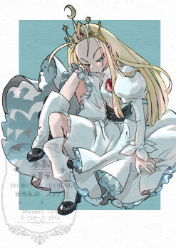 1girl absurdres artist_request belt_around_waist blonde_hair blue_eyes crown cyberbots devilot_de_deathsatan_ix dress forehead gem highres jeweled_crown princess red_gemstone solo tagme white_dress