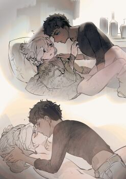 2boys absurdres androgynous bags_under_eyes black_eyes black_hair blue_eyes blush bottomless cardigan closed_eyes curly_hair dark-skinned_male dark_skin dungeon_meshi elf french_kiss gapamopa grey_hair highres kabru kiss lazy_eye lying male_focus mithrun multiple_boys multiple_scars nude on_back pointy_ears scar shirt short_hair sweat sweatdrop sweater tipsy undressing_another uneven_eyes yaoi