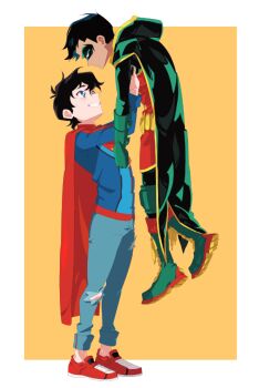 2boys 38sr batman_(series) belt black_hair blue_eyes boots cape damian_wayne dark-skinned_male dark_skin dc_comics denim domino_mask eye_mask grin jeans jonathan_kent lifting_person male_focus mask multiple_boys pants robin_(dc) shoes smile sneakers super_sons superboy superhero_costume superman_(series) torn_clothes torn_jeans torn_pants yellow_background