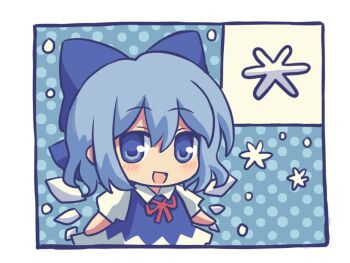 1girl blue_background blue_bow blue_dress blue_eyes blue_hair blush bow chibi chibi_only cirno commentary detached_wings dress hair_between_eyes hair_bow ice ice_wings looking_at_viewer neck_ribbon open_mouth pinafore_dress polka_dot polka_dot_background puffy_short_sleeves puffy_sleeves red_ribbon ribbon short_sleeves silverrain sleeveless sleeveless_dress smile solo touhou wings