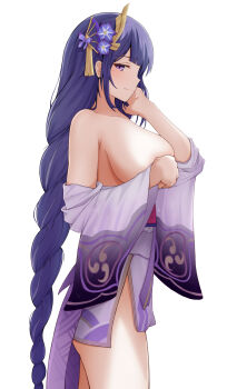 1girl blunt_bangs braid breasts collarbone commentary_request commission fan_hair_ornament from_side genshin_impact hair_ornament highres huge_breasts japanese_clothes kimono long_braid long_hair looking_at_viewer looking_to_the_side mitsudomoe_(shape) mole mole_under_eye multicolored_hair off_shoulder open_clothes open_kimono purple_eyes purple_hair raiden_shogun shade side_slit sideboob simple_background single_braid skeb_commission standing streaked_hair thighs tomoe_(symbol) upper_body white_background wide_sleeves yousui