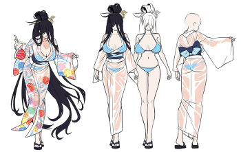 1girl absurdly_long_hair aqua_bikini ass bikini breasts cleavage curvy fingernails full_body hair_over_eyes japanese_clothes kimono large_breasts lilith-soft lips long_hair multiple_views ponytail reference_sheet see-through_clothes see-through_kimono shinonome_yahiro smile standing swimsuit taimanin_(series) taimanin_rpgx taimanun transparent_background turnaround very_long_hair wet wet_clothes wide_hips