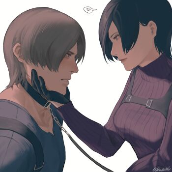 1boy 1girl ada_wong animal_collar black_gloves black_hair blue_shirt breasts brown_hair chain chest_harness closed_mouth collar commentary couple english_commentary eye_contact from_side gloves harness heart hetero highres holding holding_leash kurumi031212 leash leon_s._kennedy lips long_sleeves looking_at_another medium_breasts parted_lips profile red_sweater resident_evil resident_evil_2 shirt short_hair simple_background speech_bubble spoken_heart sweater t-shirt turtleneck turtleneck_sweater upper_body white_background