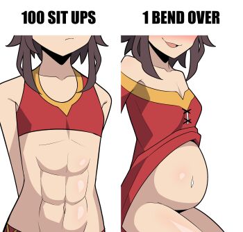 100_sit_ups_1_bend_over 1girl abs absurdres belly big_belly bluebutter bottomless breast_expansion breast_growth breasts female_focus flat_chest highres kono_subarashii_sekai_ni_shukufuku_wo! loli megumin meme pregnant pregnant_loli progression small_breasts solo time_skip undressing