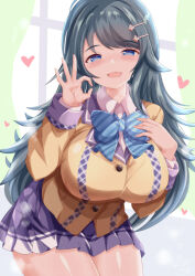 Rule 34 | 1girl, black hair, blazer, blue bow, blue eyes, blush, bow, breasts, brown jacket, collared shirt, commentary request, diagonal-striped bow, dress shirt, hair ornament, hairclip, half-closed eyes, hands up, heart, heavy breathing, highres, inohara koboshi, jacket, large breasts, leaning forward, long hair, long sleeves, looking at viewer, nose blush, ok sign, ongeki, pleated skirt, purple skirt, school uniform, shirt, skirt, solo, swept bangs, very long hair, white shirt, xenon (for achieve)