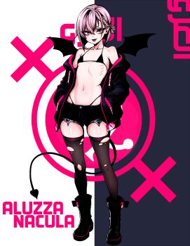Rule 34 | 1girl, absurdres, alkaid exec, bare shoulders, bat wings, bikini, bikini bottom under shorts, bikini under clothes, black background, black bikini, black boots, black hoodie, black wings, boots, braid, breasts, character name, collarbone, commentary, demon girl, demon tail, english commentary, fang, full body, hair between eyes, hands in pockets, highleg, highleg bikini, highres, hood, hoodie, looking at viewer, navel, off shoulder, open clothes, open hoodie, open mouth, original, pink eyes, pink hair, pointy ears, short hair, shorts, skin fang, small breasts, solo, standing, stomach, swimsuit, tail, thighhighs, tongue, tongue out, torn clothes, torn shorts, torn thighhighs, two-tone background, variant set, virtual youtuber, white background, wings