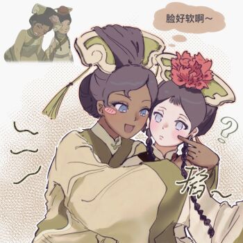 2girls ? avatar:_the_last_airbender avatar_legends black_hair blue_eyes blush_stickers braid cheek_poking chinese_clothes chinese_text closed_mouth commentary dark-skinned_female dark_skin dress english_commentary green_dress hanfu highres katara manchu_clothes multiple_girls open_mouth poking single_blush_sticker speech_bubble tassel thought_bubble toph_beifong translated yancong_motou