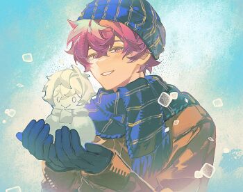 1boy alexis_ness beanie blue_gloves blue_lock blue_scarf blush brown_coat character_snowman closed_mouth coat commentary gloves hair_between_eyes hat holding_snowman hueirin looking_at_viewer male_focus mini_snowman scarf smile snowing snowman solo