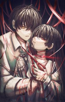 1boy 1girl artdroiiid_ii black_choker black_hair chisa_(wuthering_waves) choker collarbone commentary corrupted_twitter_file english_commentary hair_between_eyes highres holding holding_scissors long_hair male_rover_(wuthering_waves) parted_lips red_eyes rover_(wuthering_waves) scissors upper_body wuthering_waves yellow_eyes