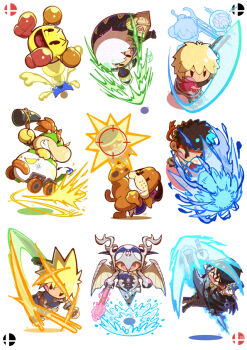 04sora40 afterimage anger_vein armor bayonetta bayonetta_(series) bird black_hair blonde_hair book bowser_jr. chibi closed_mouth cloud_strife commentary_request male_corrin_(fire_emblem) dog dog_(duck_hunt) dragon_wings drum_(container) dual_wielding duck duck_(duck_hunt) duck_hunt final_fantasy final_fantasy_vii fire_emblem fire_emblem_awakening full_body glasses gloves grin gun hadouken hammer headband high_heels holding holding_book holding_gun holding_hammer holding_sword holding_weapon horns kicking koopa_clown_car male_robin_(fire_emblem) monado nintendo open_mouth orange_gloves orange_hair pac-man pac-man_(game) pac-man_eyes red_headband red_shoes ryu_(street_fighter) shoes short_hair shulk_(xenoblade) simple_background smile spiked_hair street_fighter super_smash_bros. sword teeth v-shaped_eyebrows water weapon white_background white_hair wings xenoblade_chronicles_(series) xenoblade_chronicles_1