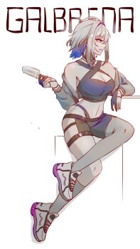 1girl bare_shoulders blue_hair character_name choker colored_inner_hair commentary criss-cross_straps crop_top food galbrena_(wuthering_waves) grey_hair grey_jacket hashtag-only_commentary highres holding holding_food holding_popsicle jacket jacket_partially_removed midriff multicolored_hair off_shoulder open_clothes open_jacket popsicle sheep_4art shoes short_hair short_shorts shorts simple_background smile sneakers solo sports_bra stomach white_background white_shoes wuthering_waves