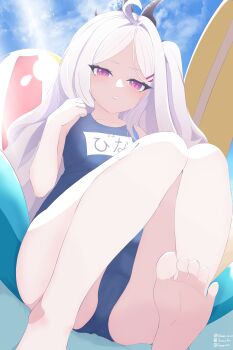 1girl absurdres ahoge barefoot blue_archive blue_sky blush breasts demon_girl demon_horns highres hina_(blue_archive) hina_(swimsuit)_(blue_archive) horns long_hair looking_at_viewer ocean old_school_swimsuit outdoors purple_eyes school_swimsuit sky small_breasts solo stasyafelix swimsuit very_long_hair white_hair