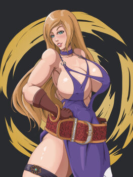 Rule 34 | 1girl, aqua eyes, b. jenet, blonde hair, breasts, cleavage, dress, fatal fury, fingerless gloves, gloves, hand on own hip, highres, large breasts, legs, long hair, looking at viewer, parted lips, smile, snk, solo, teeth, the king of fighters, the king of fighters xv, thick thighs, thighs