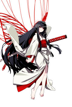 Rule 34 | 1girl, black hair, bridal veil, butterfly wings, closed mouth, commentary request, full body, highres, hood, insect wings, japanese clothes, katana, kbtur, kimono, limbus company, long hair, long sleeves, looking at viewer, obi, project moon, red eyes, red sash, ryoshu (project moon), sash, see-through clothes, shiromuku, solo, string, sword, uchikake, veil, wataboushi, weapon, white kimono, wide sleeves, wings