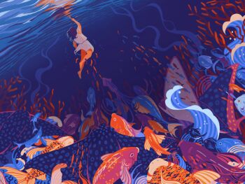 Rule 34 | 1girl, animal, barefoot, blue scales, brown hair, commentary, coral, dress, english commentary, fish, floating, from behind, from below, jdebbiel, limited palette, manta ray, ocean, orange background, orange scales, original, outdoors, outstretched hand, procreate (medium), reflection, sleeveless, sleeveless dress, solid circle eyes, solo, squid, too many, too many fish, underwater, water, white dress