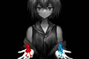 3others androgynous bare_shoulders black_background boots chinese_commentary collared_shirt commentary dot_nose english_commentary expressionless greyscale hair_between_eyes highres holding holding_mini_person hood hood_up jacket jacket_partially_removed len&#039;en long_sleeves mini_person mixed-language_commentary monochrome multiple_others no_headwear other_focus purple_eyes shirt shitodo_aoji shitodo_hooaka shitodo_kuroji short_hair shorts simple_background size_difference sleeveless sleeveless_shirt spot_color straight-on the_matrix tsurime yancao_(pixiv_103434280) zipper