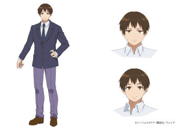 1boy absurdres anime_coloring blazer blue_necktie brown_eyes brown_hair brown_shoes closed_mouth collared_shirt copyright_notice dress_shoes full_body grey_jacket hand_on_own_hip highres jacket kotesashi_kouyou long_sleeves looking_at_viewer male_focus multiple_views necktie official_art pants purple_pants sawaranaide_kotesashi-kun school_uniform shirt shoes short_hair simple_background smile standing transparent_background tsukamoto_ryusuke white_shirt