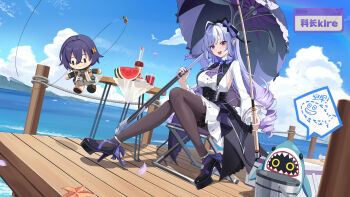 1girl absurdres artist_name artist_request bangboo_(zenless_zone_zero) belle_(zenless_zone_zero) blue_sky character_doll day deck_chair doll dutch_angle fishing fishing_rod folding_chair food fruit highres ocean open_mouth outdoors pantyhose platform_heels sitting sky vivian_banshee watermelon wooden_floor zenless_zone_zero