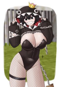 Rule 34 | 1girl, absurdres, arm cutout, black choker, black eyes, black hair, black leotard, black nails, black shrug, blush, breasts, chain, chain chomp, choker, cleavage, clothing cutout, covered navel, fishnets, hands up, highres, hood, hood up, hooded shrug, large breasts, leotard, mario (series), nail polish, nintendo, personification, princess chain chomp, sharp teeth, short hair, shrug (clothing), smile, solo, super crown, teeth, thigh strap, thighs, yukaraishin