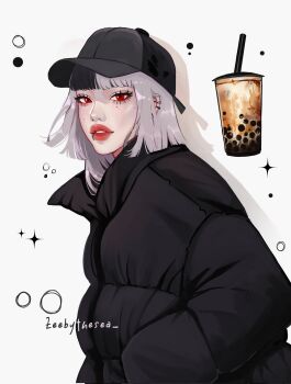 1girl artist_name asian baseball_cap black_hat black_jacket black_streaks blunt_bangs blunt_ends bubble_tea circle down_jacket drop_shadow ear_piercing eyelashes face_piercing floating_hair four-pointed_star from_side hand_in_pocket hat highres jacket jellyfish_cut kira_(zeebythesea) lip_piercing looking_at_viewer mole mole_on_cheek multicolored_hair original parted_lips piercing red_eyes ring_piercing single_hair_streak straight_hair streetwear thick_lips two-tone_background two-tone_hair upper_body white_background white_hair zeebythesea