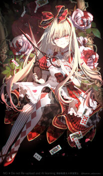1girl alice's_adventures_in_wonderland alice_(alice_in_wonderland) ascot blonde_hair blood_on_flower bow choker commentary_request dress flower frilled_choker frilled_dress frilled_sleeves frills gem gradient_hair hair_bow hairband highres holding holding_scissors kanon_sakurano lace lace-trimmed_dress lace_trim leaf long_hair multicolored_hair pantyhose petals petticoat picture_frame pink_hair pink_petals plaid_bow plaid_pantyhose poker puffy_short_sleeves puffy_sleeves red_bow red_dress red_eyes red_gem red_hairband red_shoes rose scissors shoes short_sleeves sitting solo striped_clothes striped_pantyhose two-tone_dress white_ascot white_choker white_dress white_pantyhose