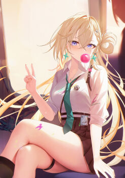 1girl absurdres aqua_necktie black_skirt blonde_hair blowing_bubble_gum blue_eyes blush breasts chewing_gum collared_shirt commentary crossed_legs earrings fingernails hair_between_eyes hair_ornament hand_up highres id_card jewelry jiang_ye_kiri long_hair looking_at_viewer lynae_(wuthering_waves) medium_breasts necklace necktie shirt shirt_tucked_in sitting skirt skull_hair_ornament solo star_(symbol) star_earrings thigh_strap thighs v white_shirt wuthering_waves