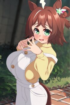 1girl ahoge alternate_breast_size_(larger) animal_ears blush breasts casual commentary_request fingernails grass green_eyes hair_between_eyes hair_ornament highres horse_ears horse_girl horse_tail looking_at_viewer open_mouth rhein_kraft_(umamusume) solo star_(symbol) tail to20ko2ko235353535 umamusume