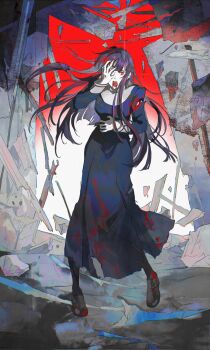 1girl asagami_fujino black_pantyhose black_shoes blood blood_from_mouth blood_on_clothes blood_on_face blood_on_shoes blue_dress concrete debris destruction dress full_body glowing glowing_eye gradient_background hand_on_own_stomach hand_over_eye highres kara_no_kyoukai loafers long_hair mimulishizi open_mouth pantyhose purple_hair rebar red_background red_eyes shoes solo torn_clothes torn_dress white_background