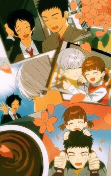 1girl 3boys :d ^_^ adachi_tooru brown_hair carrying cherry_blossoms closed_eyes coffee collared_shirt commentary_request doujima_nanako doujima_ryoutarou father_and_child father_and_daughter furrowed_brow grey_hair grey_shirt happy highres j0566 multiple_boys narukami_yu necktie open_mouth parent_and_child persona persona_4 photo_(object) piggyback red_necktie ripples shirt short_hair smile sparse_stubble