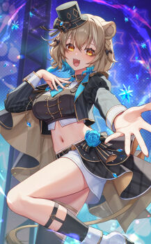 Rule 34 | 1girl, animal ears, belt, black belt, black bow, black jacket, black socks, blonde hair, blue flower, blue hair, blue necktie, blue rose, bow, braid, breasts, colored inner hair, commentary request, commission, cropped jacket, fang, flower, hat, hat bow, hazumi aileen, highres, indie virtual youtuber, jacket, lion ears, lion girl, lion tail, long sleeves, mini hat, mini top hat, multicolored hair, navel, necktie, open mouth, orange eyes, reaching, reaching towards viewer, rose, shoes, short necktie, skeb commission, socks, solo, stomach, suzuhiro, tail, top hat, virtual youtuber, white shoes