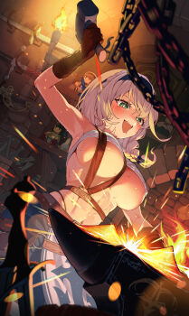 +_+ 1girl :d abs absurdres alternate_costume anvil arm_up armpits blacksmith blue_sky braid braided_ponytail breasts brown_gloves commentary_request eun_yo forge gloves glowing_hot green_eyes grey_hair hairband hammer highleg highleg_panties highres holding holding_hammer hololive indoors large_breasts low_ponytail medium_hair navel oozora_subaru oozora_subaru_(1st_costume) oozora_subaru_(casual) oozora_subaru_(suspenders) open_mouth panties panty_straps ponytail shirogane_noel side_braid sky smile smithing solo stomach stuffed_animal stuffed_toy sweat teeth underboob underwear upper_teeth_only virtual_youtuber wavy_hair