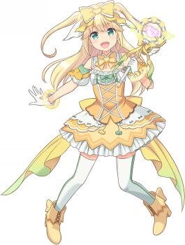 1girl :d blush boots bow bowtie breasts detached_collar floating_hair footwear_bow frilled_skirt frills fujisawa_yuzu full_body game_cg gloves hair_bow heart_wand highres holding holding_wand large_bow legs_apart long_hair looking_at_viewer magical_girl miniskirt non-web_source off-shoulder_shirt off_shoulder official_art ongeki open_mouth puffy_short_sleeves puffy_sleeves shirt short_sleeves simple_background skirt small_breasts smile solo thighhighs transparent_background two_side_up wand white_gloves white_shirt white_thighhighs winged_wand yellow_boots yellow_bow yellow_bowtie yellow_shirt yellow_skirt zettai_ryouiki