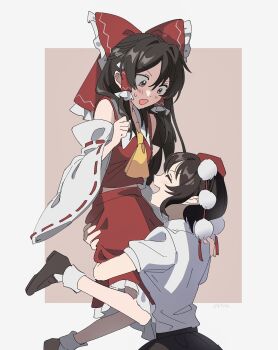 2girls absurdres artist_name ascot black_skirt blush bow brown_eyes brown_hair carrying carrying_person closed_eyes collared_shirt commentary detached_sleeves frilled_bow frilled_hair_tubes frilled_skirt frills hair_bow hair_tubes hakurei_reimu hat highres long_hair multiple_girls open_mouth pom_pom_(clothes) puffy_short_sleeves puffy_sleeves red_bow red_hat red_skirt ribbon-trimmed_sleeves ribbon_trim shameimaru_aya shirt short_sleeves skirt skirt_set smile sweatdrop tokin_hat touhou uehara_suiyo white_shirt yellow_ascot yuri