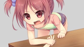 1boy 1girl aoi_aruma arm_wrestling bent_over breasts clenched_hand collarbone cowboy_shot denim denim_shorts elbow_on_table elbows_on_table fang flat_chest game_cg green_shirt hand_on_table holding_hands jissai_no_tokoro kumura_hibari_(jissai_no_tokoro) loli nipple_slip nipples open_mouth pink_eyes pink_hair pink_shirt pov pov_hands shirt short_hair short_sleeves shorts sidelocks simple_background solo standing strong t-shirt table transparent_background twintails two-tone_shirt v-shaped_eyebrows variant_set